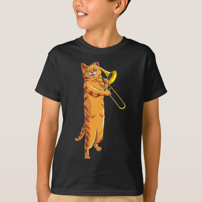 Camiseta Funny Cat Playing Trombone Gift Cool Kitten Musici (Anverso)