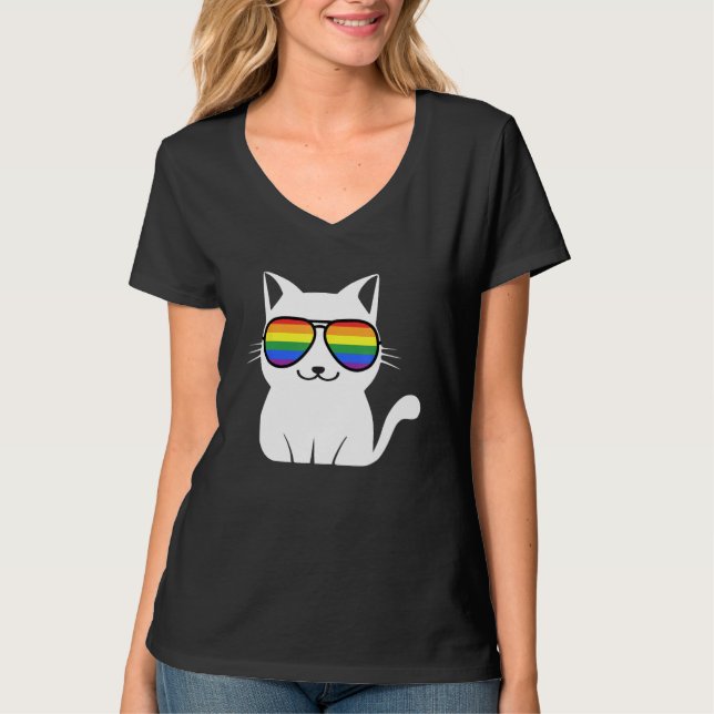 Camiseta Funny Cat Rainbow Sunglasses Cute Animal Lovers LG (Anverso)