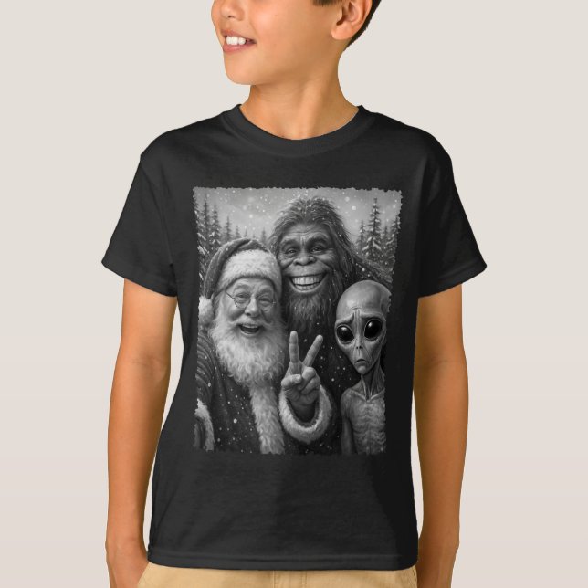 Camiseta Funny Cat Santa Bigfoot Alien Christmas Selfie Tee (Anverso)