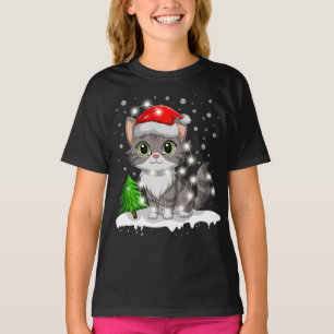 Camiseta Funny Cat Santa Hat Merry Christmas Tree Lights