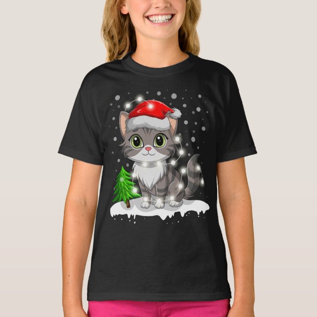 Camiseta Funny Cat Santa Hat Merry Christmas Tree Lights (Anverso)