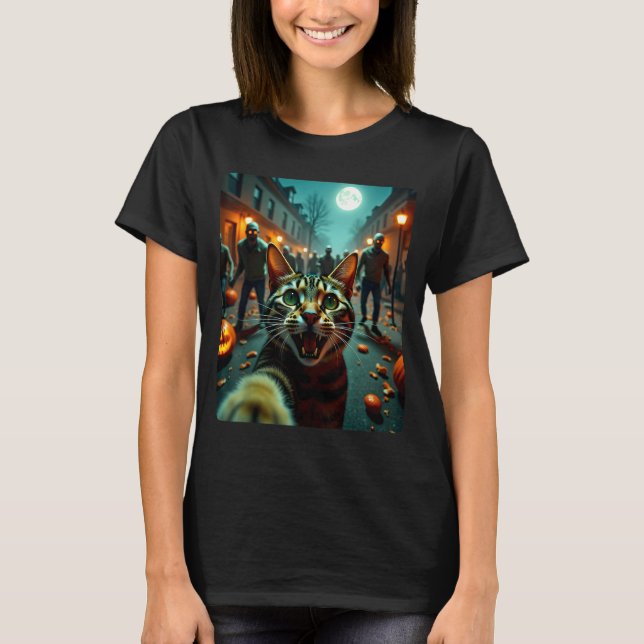 Camiseta Funny Cat Selfie Halloween Zombies Humor  (Anverso)