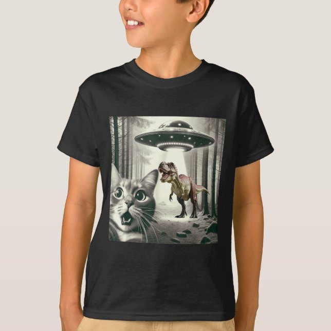 Camiseta Funny Cat Selfie With Alien Ufo And T-rex Dinosaur (Anverso)