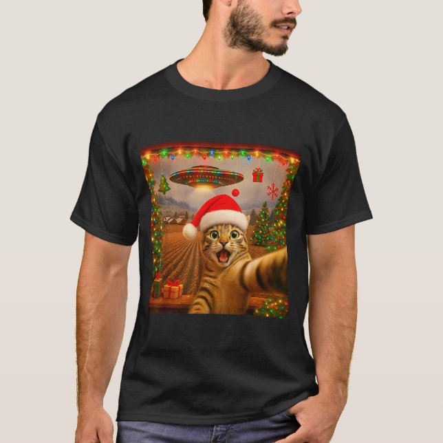 Camiseta Funny Cat Selfie With Alien Ufo Christmas Lights S (Anverso)