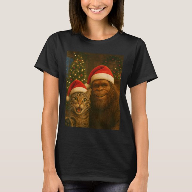 Camiseta Funny Cat Selfie With Bigfoot Christmas Sasquatch  (Anverso)