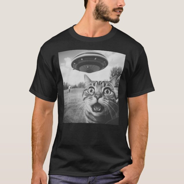 Camiseta Funny Cat Selfie with UFO, Scared Cat Spaceship UF (Anverso)