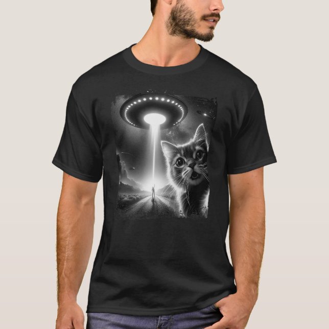 Camiseta Funny Cat Selfie with UFOs Abduction Aliens (Anverso)