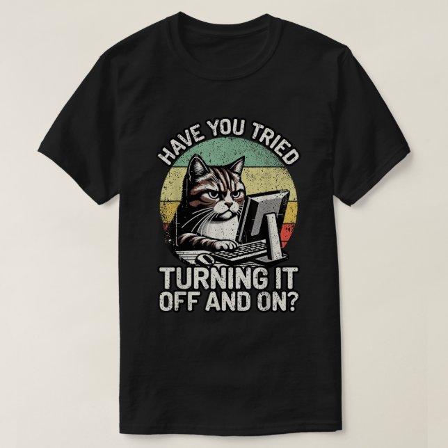 Camiseta Funny Cat Tech Support Retro Computer Meme (Diseño del anverso)