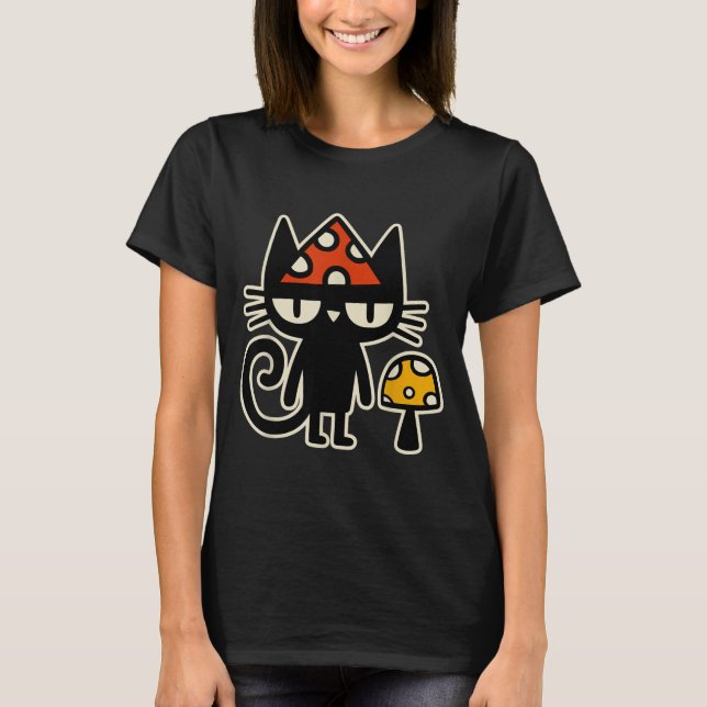 Camiseta Funny Cat With Mushroom Hat Black Cat With Toadsto (Anverso)