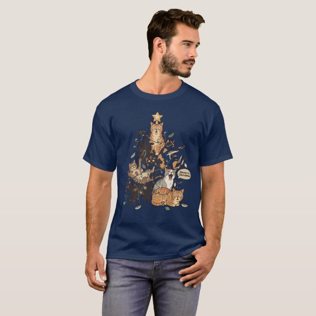 Camiseta Funny Cats Christmas Tree Tangled Lights Holiday (Anverso completo)