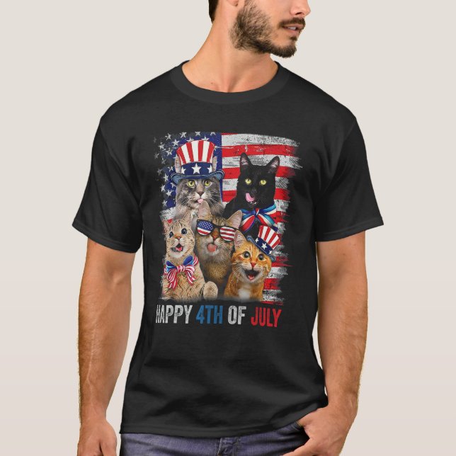 Camiseta Funny Cats Happy 4th Of July American US Flag 4th  (Anverso)