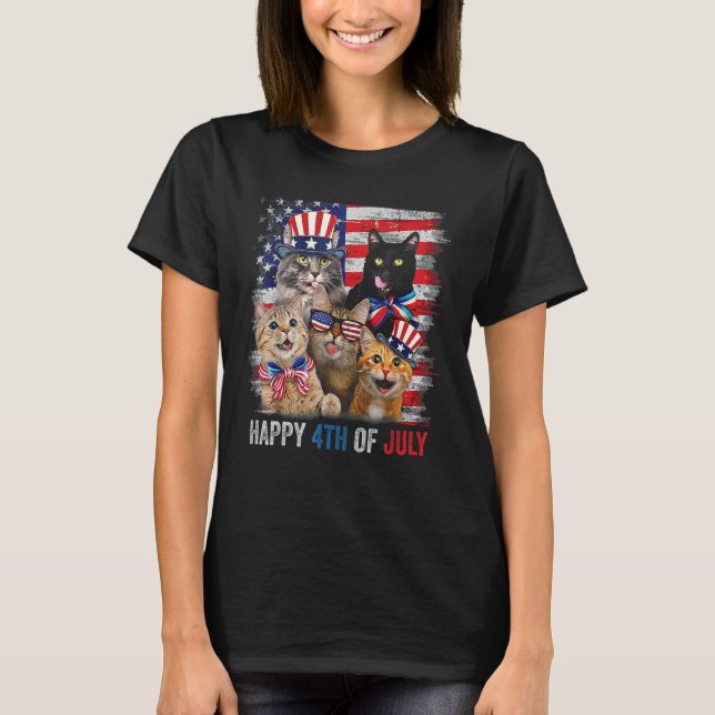 Camiseta Funny Cats Happy 4th Of July American US Flag 4th  (Anverso)