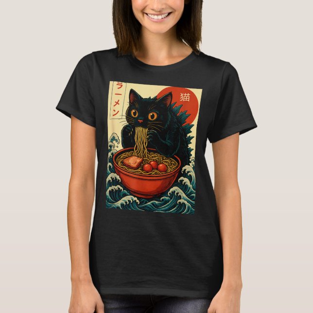 Camiseta Funny Catzilla Anime Ramen Japanese Cat Men Women  (Anverso)