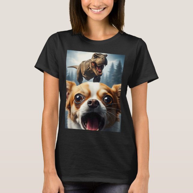 Camiseta Funny Chihuahua Dog Selfie With T-rex Women Men Ki (Anverso)