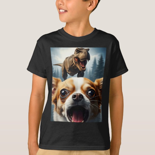 Camiseta Funny Chihuahua Dog Selfie With T-rex Women Men Ki (Anverso)