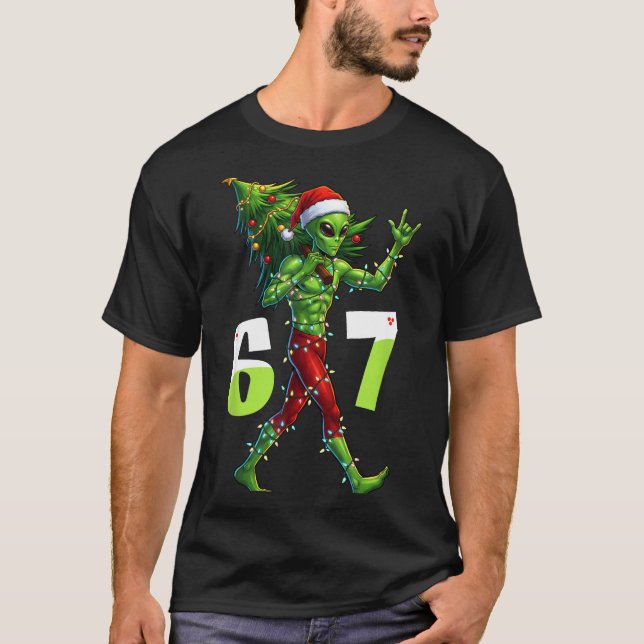 Camiseta Funny Christmas Alien Six Seven Meme 67 Santa Hat  (Anverso)