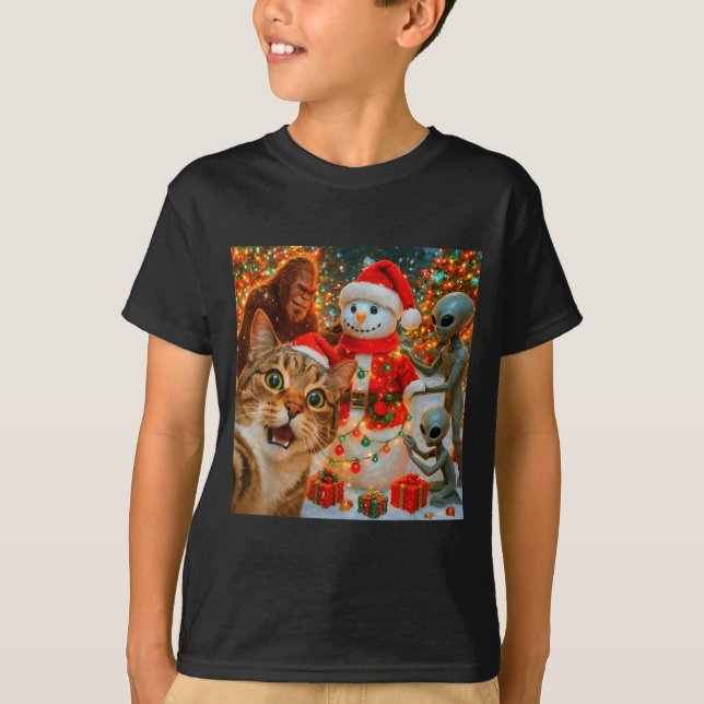 Camiseta Funny Christmas Cat Selfie With Bigfoot Alien &amp (Anverso)