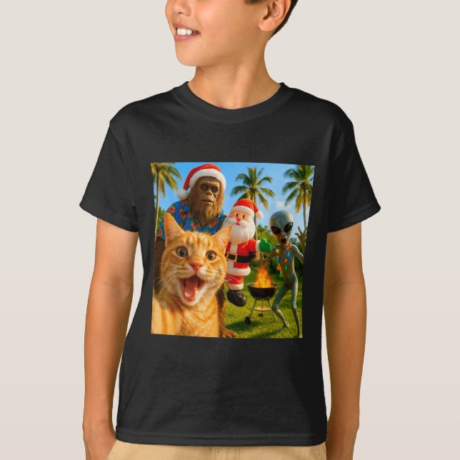 Camiseta Funny Christmas Cat Selfie With Bigfoot &amp; Alie (Anverso)