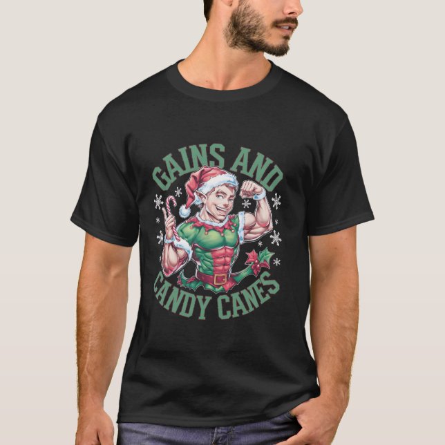 Camiseta Funny Christmas Elf Gym Workout Gains and Candy Ca (Anverso)