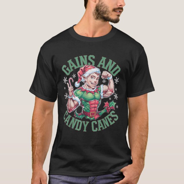 Camiseta Funny Christmas Elf Gym Workout Gains and Candy Ca (Anverso)
