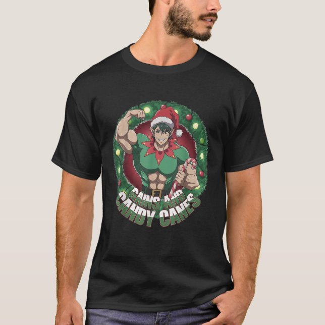 Camiseta Funny Christmas Elf Gym Workout Gains and Candy Ca (Anverso)