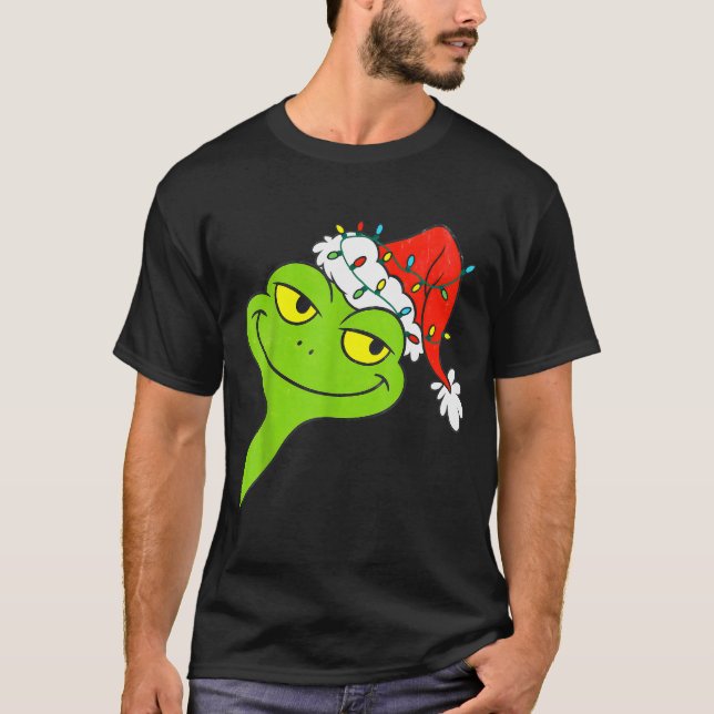 Camiseta Funny Christmas Frog Wearing Santa Hat And Lights  (Anverso)