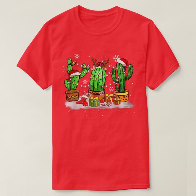 Camiseta Funny Christmas Lights Cactus Santa Hat Cactus Lov (Diseño del anverso)
