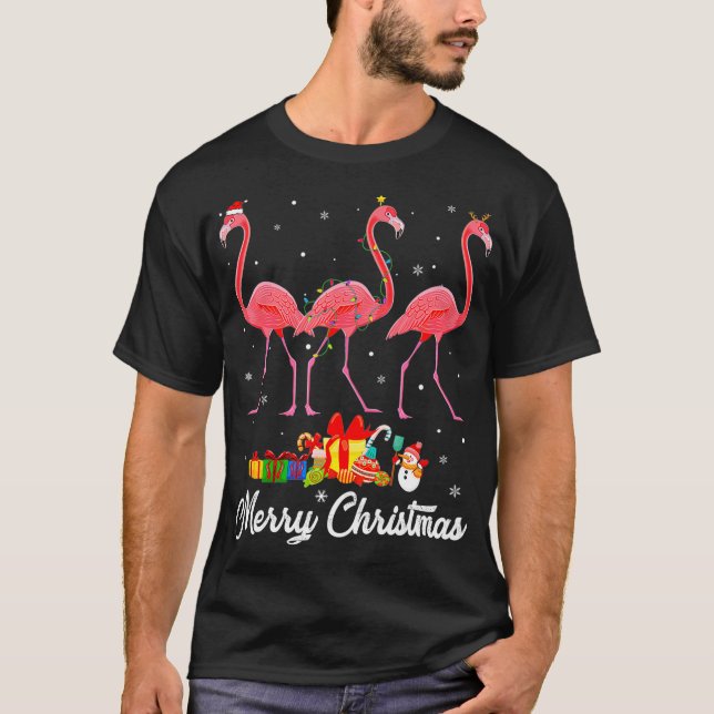 Camiseta Funny Christmas Lights Xmas Pajama Flamingo Animal (Anverso)