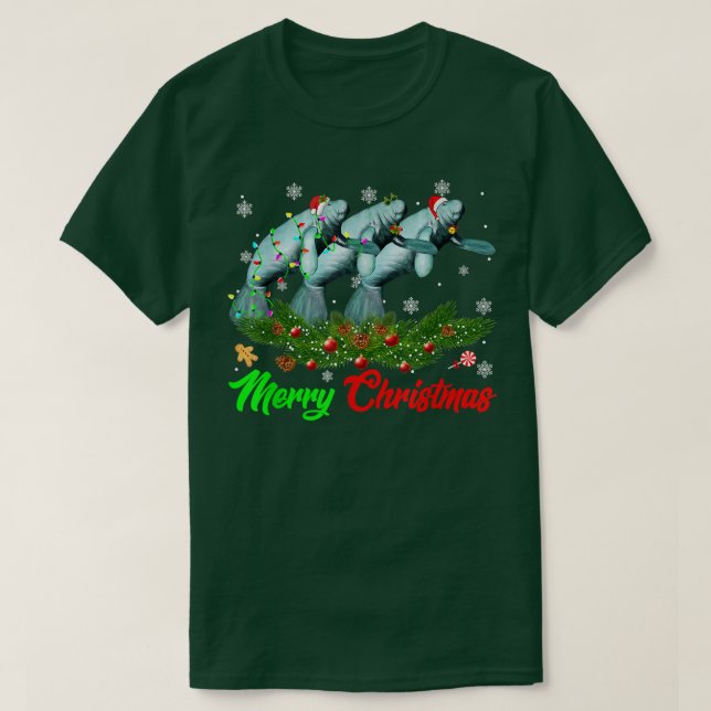 Camiseta Funny Christmas Pajama Manatee Hat Santa Xmas Ligh (Diseño del anverso)