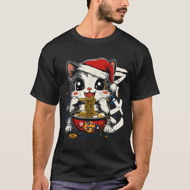 Camiseta Funny Christmas Santa Cat Ramen Japanese Kawaii An (Anverso)