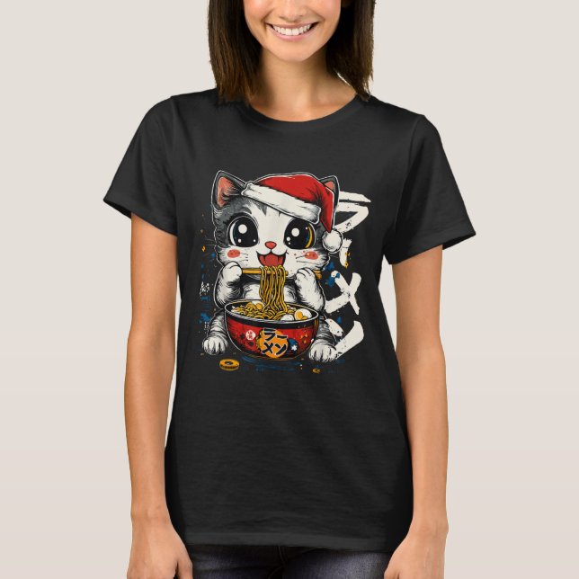 Camiseta Funny Christmas Santa Cat Ramen Japanese Kawaii An (Anverso)