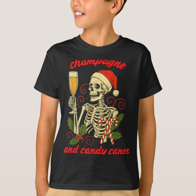 Camiseta Funny Christmas Skeleton Champagne And Candy Canes (Anverso)