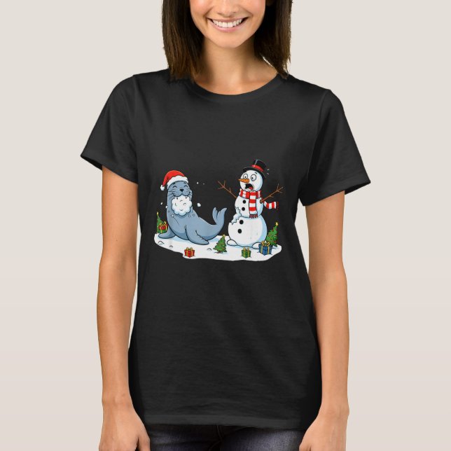 Camiseta Funny Christmas Snowman Sea Lion Xmas Mens Womens  (Anverso)