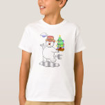 Camiseta Funny Christmas Snowman Standing in an Icy Puddle<br><div class="desc">Christmas Snowman Standing in an Icy Puddle and standing in front of a brightly decorated Christmas tree. The colors are blue, grey green, brown with the tree having blue, red and yellow baubles hanging from it. On top of the tree there is a bright yellow star. This is a cartoon...</div>