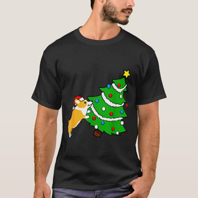 Camiseta Funny Corgi Pushing Christmas Tree Xmas Dog Mom  (Anverso)