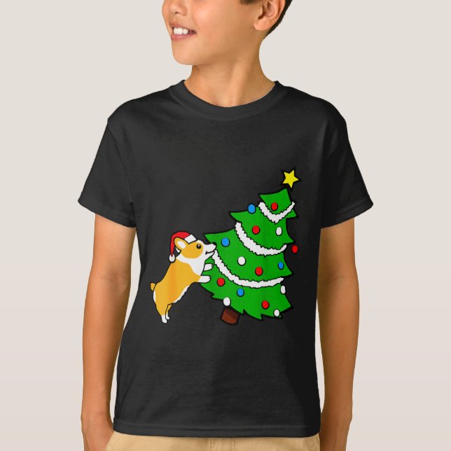 Camiseta Funny Corgi Pushing Christmas Tree Xmas Dog Mom  (Anverso)