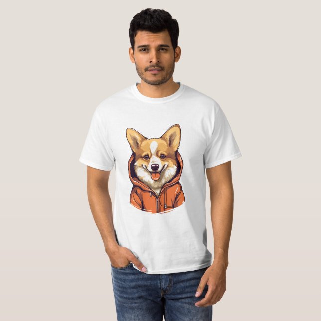 Camiseta Funny Corgi Usando Hoodie (Anverso completo)
