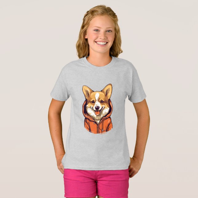 Camiseta Funny Corgi Usando Hoodie (Anverso completo)