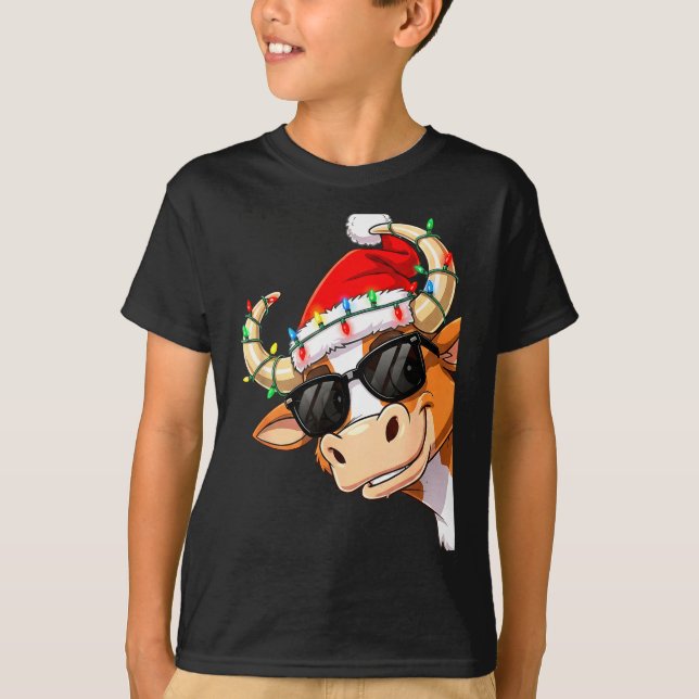 Camiseta Funny Cow Christmas Cool Longhorn Santa Cow Hat Ho (Anverso)