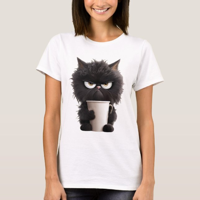 Camiseta Funny Cute Black Cat Coffee Angry (Anverso)