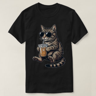 Camiseta Funny Cute Cat Drinking Iced Coffee Cool Animal 