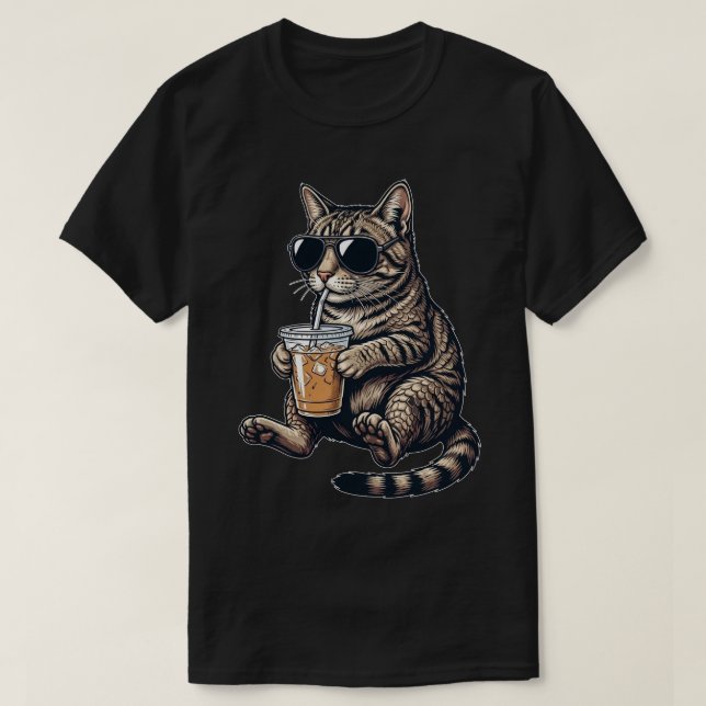Camiseta Funny Cute Cat Drinking Iced Coffee Cool Animal  (Diseño del anverso)