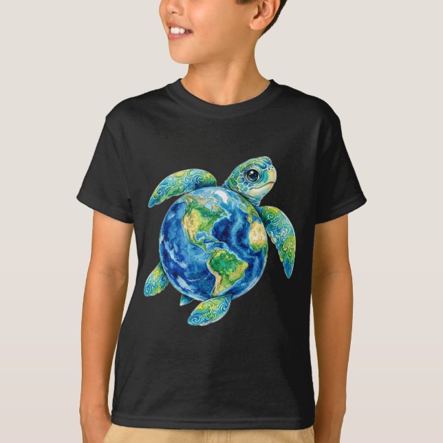 Camiseta Funny Cute Sea Turtle Holding Earth Ocean Wildlife (Anverso)
