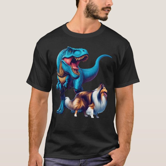 Camiseta Funny Dinosaur Collie Walking Dog Lover (Anverso)