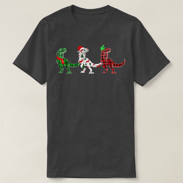 Camiseta Funny Dinosaur Xmas Tree Lights Red Plaid T Rex Ch (Diseño del anverso)