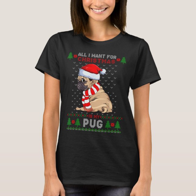 Camiseta Funny Dog Lovers Cute Pug Santa Hat Ugly Christmas (Anverso)
