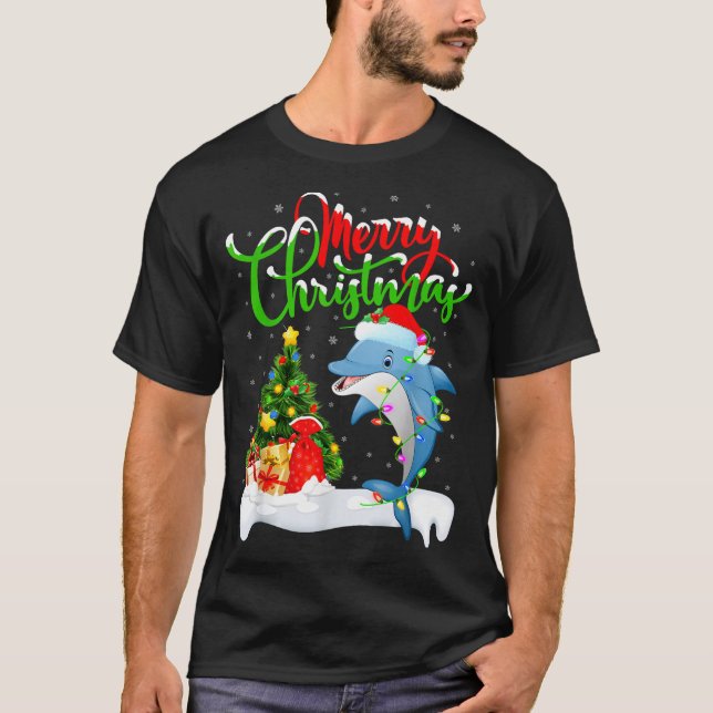 Camiseta Funny Dolphin Fish Lover Xmas Lighting Dolphin Chr (Anverso)