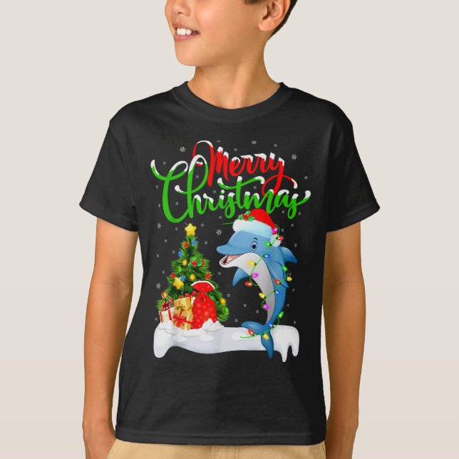 Camiseta Funny Dolphin Fish Lover Xmas Lighting Dolphin Chr (Anverso)