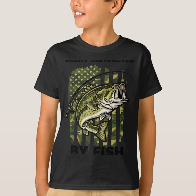 Camiseta Funny Easily Distracted By Camo B Fish American Fl (Anverso)