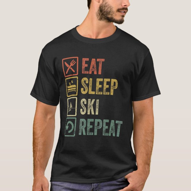 Camiseta Funny Eat Sleep Ski Repetir Esquiadores Retro Vint (Anverso)